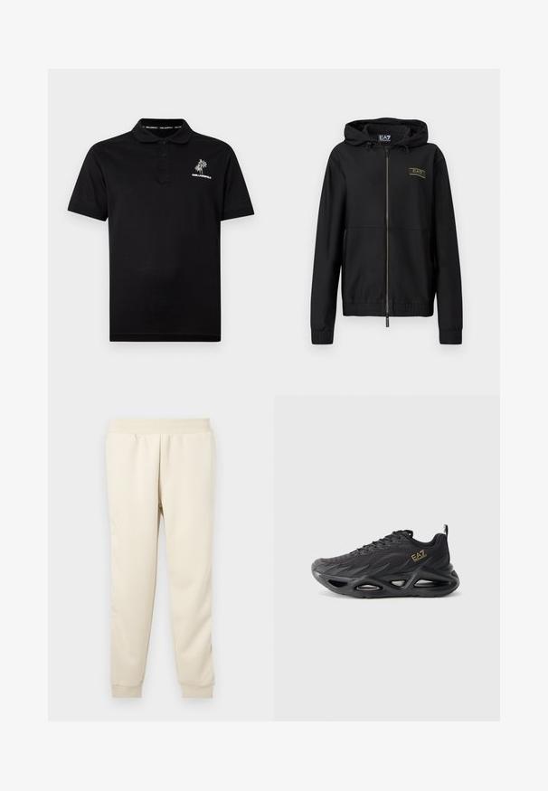 Veste noire à fermeture éclair avec tissu texturé, capuche attachée, poignets élastiques et taille élastique. Détail logo doré sur la poitrine.; Polo noir à manches courtes avec trois boutons, logo palmier blanc et texte "KARL LAGERFELD" sur le côté gauche de la poitrine.; Pantalons de survêtement beige clair fabriqués en tissu doux avec un design fuselé, une ceinture élastique et des poignets aux chevilles. Pas de motifs ou d'accents visibles.; Baskets EA7 noires avec tige en maille respirante, design ondulé, semelle sculptée épaisse et logo doré sur le côté, présentées de profil.