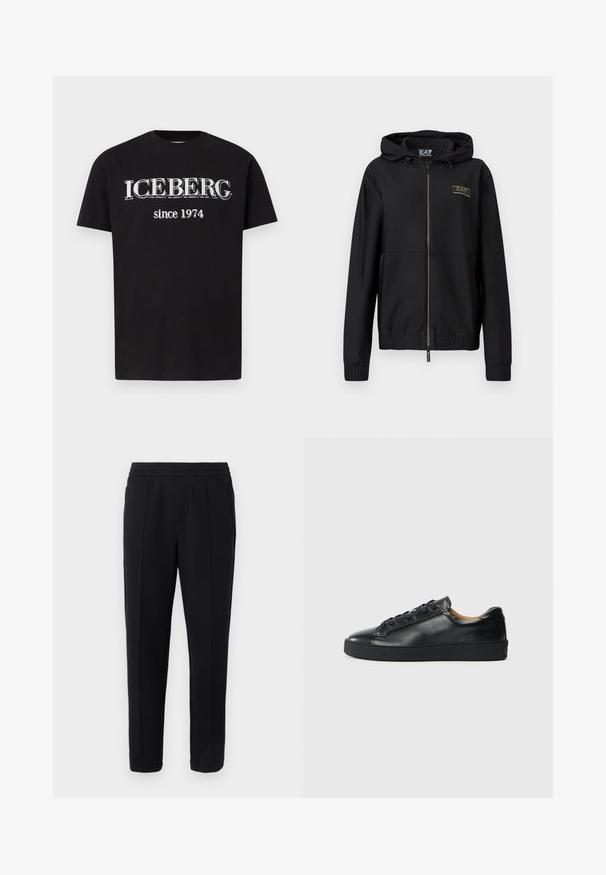 Veste noire à fermeture éclair avec tissu texturé, capuche attachée, poignets élastiques et taille élastique. Détail logo doré sur la poitrine.; T-shirt noir à manches courtes avec le texte blanc "ICEBERG" et "depuis 1974" imprimé au centre devant.; Pantalon noir sur mesure avec ceinture élastique, plis avant soigneusement repassés, et coupe droite, sur un fond gris clair.; Baskets en cuir noir avec une texture lisse, bout rond et fermeture à lacets. Comprend une semelle en caoutchouc épaisse et un minimum de détails de marque.