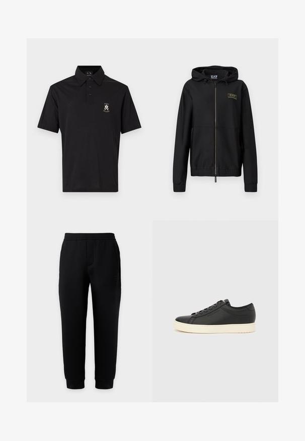 Veste noire à fermeture éclair avec tissu texturé, capuche attachée, poignets élastiques et taille élastique. Détail logo doré sur la poitrine.; Polo noir à manches courtes avec trois boutons et petit logo blanc Armani Exchange sur la poitrine gauche.; Pantalon de jogging noir ajusté avec taille et poignets élastiques, poches latérales et logo discret sur la cuisse droite sur fond uni.; Baskets en cuir noir à texture lisse, semelle en caoutchouc blanche, bout arrondi et lacets noirs assortis. Marquage discret sur le côté.