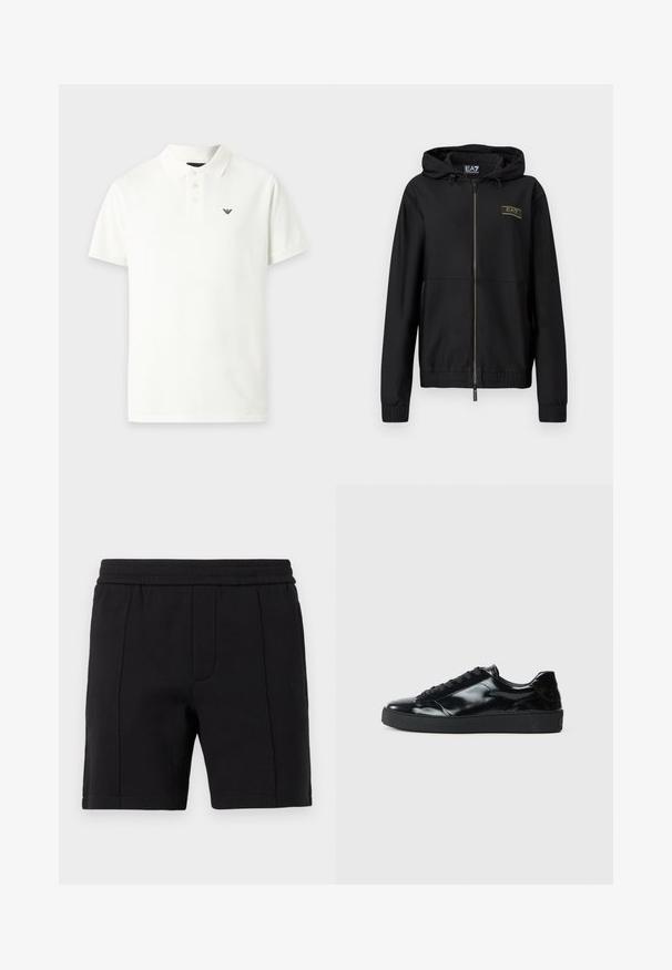 Veste noire à fermeture éclair avec tissu texturé, capuche attachée, poignets élastiques et taille élastique. Détail logo doré sur la poitrine.; Polo blanc à manches courtes avec trois boutons et un petit logo noir sur le côté gauche de la poitrine.; Shorts noirs mi-cuisses avec taille élastique et coutures verticales sur le devant.; Baskets en cuir verni noir avec un bout arrondi, un laçage, une semelle en caoutchouc texturé et une finition lisse.