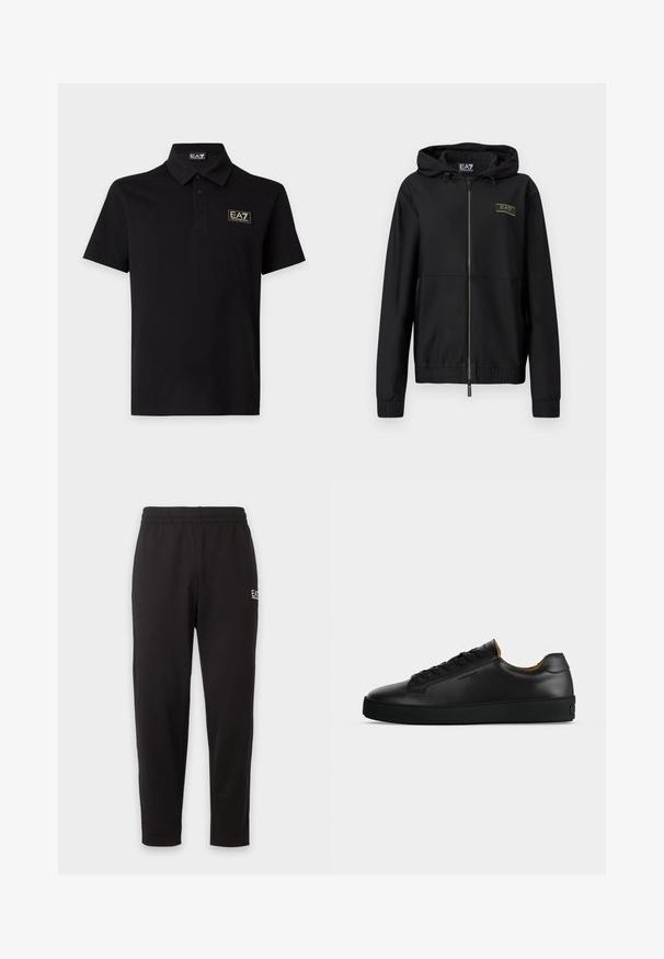 Veste noire à fermeture éclair avec tissu texturé, capuche attachée, poignets élastiques et taille élastique. Détail logo doré sur la poitrine.; Polo noir à manches courtes avec trois boutons et un patch logo EA7 Emporio Armani sur la poitrine gauche.; Pantalon de survêtement noir à taille élastique, jambes fuselées, avec un petit logo blanc sur la partie supérieure de la cuisse gauche.; Basket basse en cuir noir avec lacets noirs, semelle en caoutchouc texturée et petit logo embossé sur le côté, présenté de profil sur fond gris.