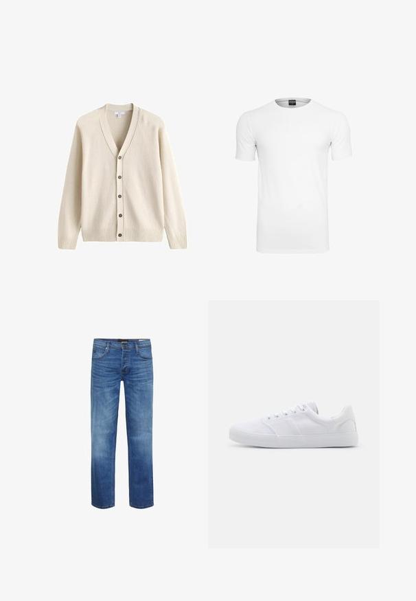 Flødefarvet strikket cardigan med lange ærmer, V-udskæring, fem brune knapper ned foran samt ribstrikkede kanter og ærmeafslutninger.; Enkel hvid t-shirt med korte ærmer og rund halsudskæring med et sort mærke inden i kraven mod en hvid baggrund.; Lyseblå denimjeans med et falmet look, lige snit, fem-lommers design og lynlås. Har brune syninger og et logo-patch.; Hvide lærreds sneakers med gummisål, der har seks snørehuller, en struktureret tåkap og et minimalistisk design.