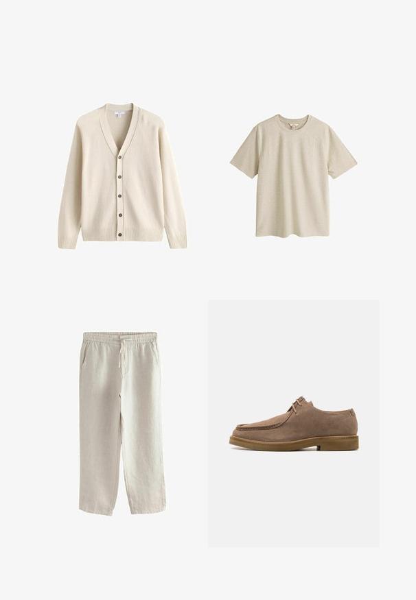 Flødefarvet strikket cardigan med lange ærmer, V-udskæring, fem brune knapper ned foran samt ribstrikkede kanter og ærmeafslutninger.; Beige t-shirt med korte ærmer og rund hals i let tekstureret stof, vist fladt på en hvid baggrund.; Lyse beige linnedbukser med elastisk talje, snøre, sidelommer og lige ben.; Zign LEATHER - Sporty snøresko - taupe