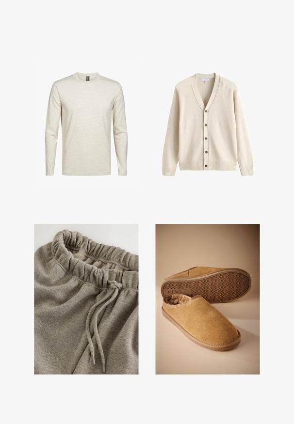 Gebreid vest in roomkleur met lange mouwen, V-hals, vijf bruine knopen aan de voorkant en geribbelde boorden en manchetten.; Lange mouw T-shirt in lichtbeige, gemaakt van zachte katoen. Heeft een ronde hals en een minimalistisch ontwerp zonder patronen of accenten.; Grijze katoenen sweatpants met een elastische tailleband met een geplooide textuur en een koord voor verstelbaarheid. Glad, zacht stof.; Bruine suède instapslippers met een zachte fleece voering en een geribbelde rubberen zool, één slipper toont de zool met het "NEXT" logo.
