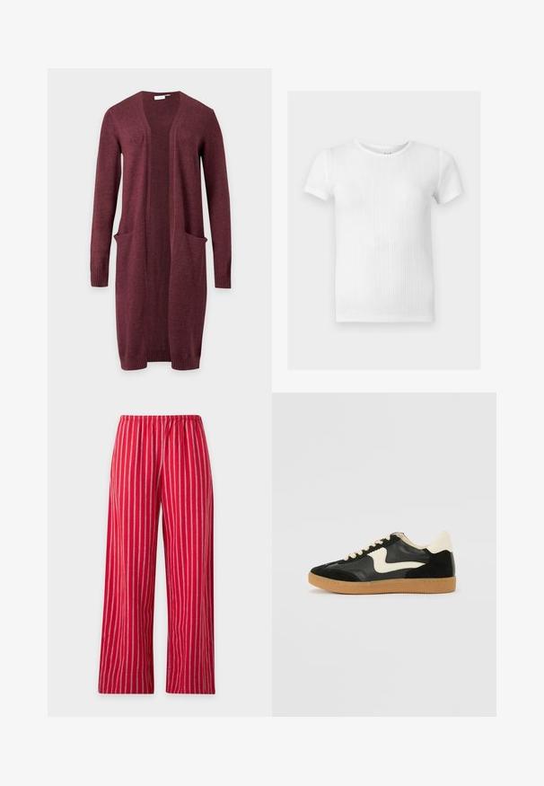 Cardigan bordeaux à manches longues, ouvert devant, avec deux poches avant et des poignets et un ourlet côtelés, présenté sur un fond uni.; T-shirt blanc à manches courtes en maille côtelée avec un col rond et de subtils motifs verticaux texturés.; Pantalon rouge à rayures verticales blanches, ceinture élastique et jambes droites, présenté sur un fond uni clair.; Baskets en daim et cuir noir avec un swoosh latéral crème et un talon crème clair. Dotées de lacets beige et d'une semelle en caoutchouc gomme.
