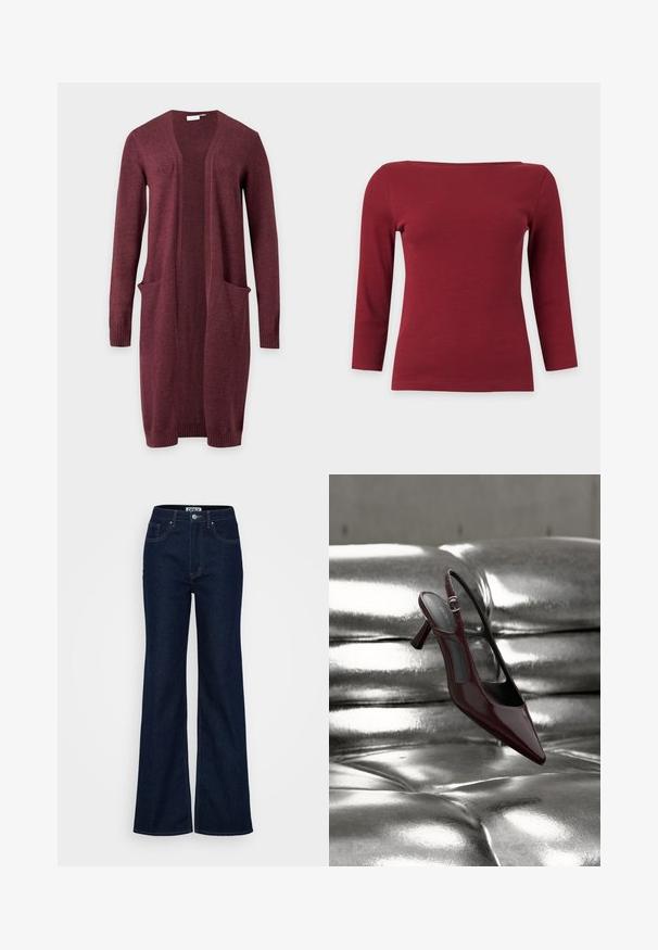 Langærmet åben front burgunder cardigan med to forlommer og ribstrikkede manchetter og kant, vist på en ensfarvet baggrund.; Enkelt mørkerødt ribstrikket top med lange ærmer, bred bådudskæring og tætsiddende silhuet på lysegrå baggrund.; ONLY Tall ONLJUICY WIDE RINSE - Wide leg - dark blue denim; Blank mørkerød slingback højhælet sko med spids tå, vist på en skinnende sølvfarvet polstret læderoverflade.