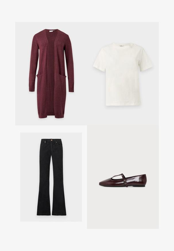 Cardigan bordeaux à manches longues, ouvert devant, avec deux poches avant et des poignets et un ourlet côtelés, présenté sur un fond uni.; T-shirt blanc en coton, manches courtes, col rond, présenté sur un fond gris clair neutre.; Jean noir taille haute avec jambes évasées, fermeture devant par bouton et zip, et design à cinq poches.; Chaussure plate en cuir bordeaux foncé avec un bout pointu et une fine bride en T avec une boucle argentée sur fond blanc.