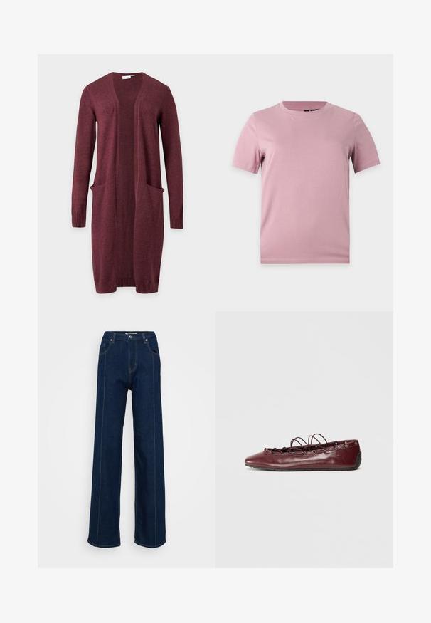 Cárdigan burdeos de manga larga y apertura frontal, con dos bolsillos delanteros y puños y bajo acanalados, mostrado sobre un fondo sencillo.; Camiseta simple de algodón rosa suave de manga corta con cuello redondo, mostrada sobre un fondo plano de color gris claro.; Jeans de tiro alto y pierna ancha de color azul oscuro, con bolsillos frontales, passantes para cinturón y costuras de contraste sobre un fondo claro.; Bailarina de cuero burdeos con punta afilada, detalles de encaje en la parte frontal y ojales plateados. Suela suave para flexibilidad y comodidad.