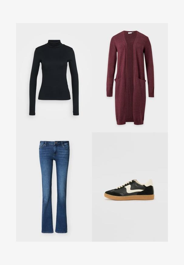 Langærmet åben front burgunder cardigan med to forlommer og ribstrikkede manchetter og kant, vist på en ensfarvet baggrund.; Sort langærmet ribbestrikket sweater med høj hals og tætsiddende silhuet på en lys ensfarvet baggrund.; Blå denim bootcut-jeans med forlommer, bæltestropper og knaplukning, vist mod en ensfarvet hvid baggrund.; Sorte ruskinds- og lædersneakers med en cremefarvet side-swoosh og lys cremefarvet hæl. Har beige snørebånd og en gummirubber-sål.