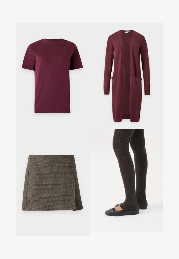 Cardigan bordeaux à manches longues, ouvert devant, avec deux poches avant et des poignets et un ourlet côtelés, présenté sur un fond uni.; T-shirt bordeaux uni à manches courtes et col rond, présenté à plat sur un fond clair.; Jupe mini à carreaux marron et gris avec une subtile fente latérale, coupe droite et tissu texturé.; Jambes portant des leggings côtelés foncés associés à des ballerines noires avec de petits détails en nœud sur fond blanc.