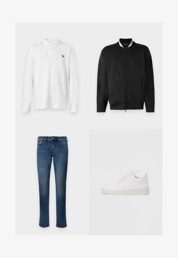 Veste bomber noire avec fermeture éclair sur le devant, col côtelé et logo brodé. Comprend deux poches latérales et une texture de tissu lisse.; Polo blanc à manches longues avec col boutonné et petit logo zèbre noir brodé sur la poitrine gauche.; Jean en denim d'un bleu moyen. Présente un design à jambe droite, style cinq poches, fermeture éclair à l'avant et coutures contrastées.; Baskets en cuir blanc avec un embout arrondi, une semelle plate et un laçage à l'avant. Présentent des détails de couture et un col rembourré pour plus de confort.