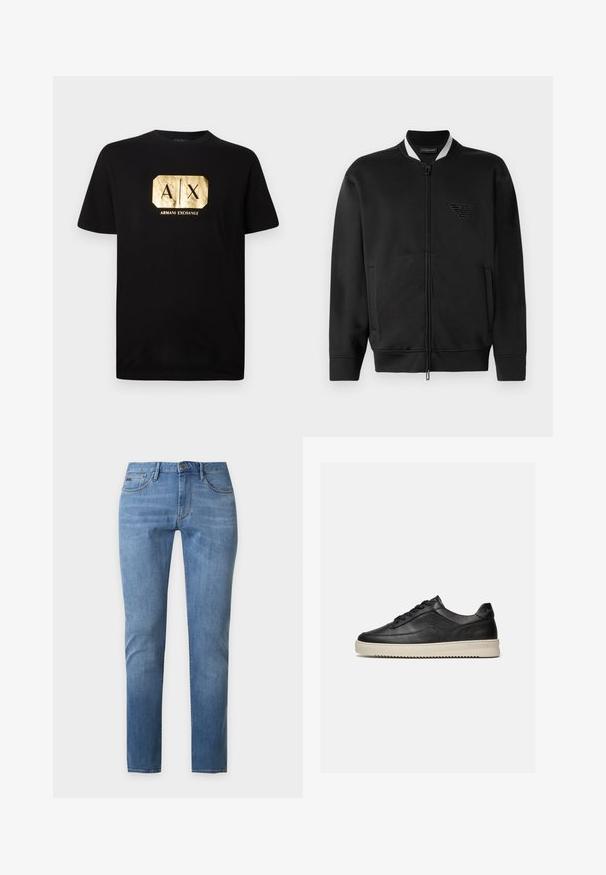 Sort bomberjakke med lynlås foran, ribbet krave og broderet logo. Har to sidelommer og en glat stofstruktur.; Sort bomulds T-shirt med et guld rektangulært logo med "A|X" og teksten "ARMANI EXCHANGE" nedenfor. Klassisk pasform med korte ærmer.; Lyseblå skinny jeans med fem lommer og knaplukning, vist på en ensfarvet grå baggrund.; Sort lavtop lædersneaker med sorte snørebånd og en tyk off-white gummisål, vist på en hvid baggrund.