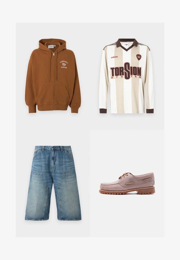 Sweat à capuche marron zippé avec poches frontales, capuche à cordon de serrage, et texte blanc "Carhartt Wip Eightynine" sur la poitrine gauche.; Maillot de football à manches longues rayé beige et blanc ; doté d'un col et de poignets marron, d'un grand logo rouge "TORSION SYSTEM" et de la marque adidas.; Short en jean bleu longueur genou avec jambes larges, poches devant, passants de ceinture et fermeture boutonnée à la taille.; Chaussure bateau en cuir marron clair avec surpiqûres sur le bout mocassin, lacets en cuir, logo Timberland et semelle en caoutchouc résistante, présentée sur fond blanc.