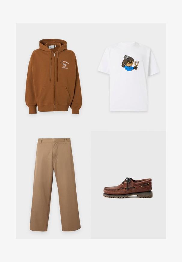 Brun hættetrøje med lynlås, forlommer, snøre i hætten og hvid tekst "Carhartt Wip Eightynine" på venstre bryst.; Hvid T-shirt med en tegneseriebamse iført kasket og blå skjorte, der holder en slyngel klar til at skyde.; Beige bukser med vide ben, bæltestropper, forreste knap og lynlås, vist mod en ensartet lys baggrund.; Brune læder bådsko med struktureret overdel, sorte snørebånd og gyldne øjer. Har en holdbar, rillede gummisål.