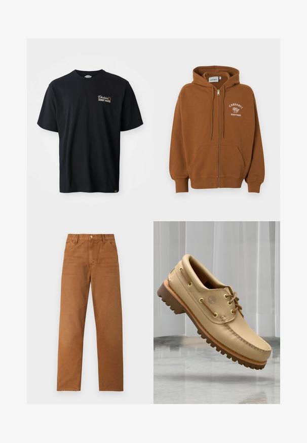 Hnedá mikina na zips s prednými vreckami, kapucňou na šnúrku a bielym textom „Carhartt Wip Eightynine“ na ľavej strane hrudníka.; Čierne bavlnené tričko s krátkymi rukávmi. Nachádza sa na ňom vyšívané logo "Dickies Donut House" na ľavej strane hrudi. Klasický dizajn s okrúhlym výstrihom.; Hnedé rovné nohavice s opaskovými očkami, prednými vreckami a zapínaním na gombík, zobrazené na jednoduchom svetlom pozadí.; Svetlohnedé kožené lodné topánky s hrubou, akoby ryhovanou podrážkou a detailmi šnurovania, plávajúce nad mramorovou podlahou a pozadím bielych vertikálnych roliet.