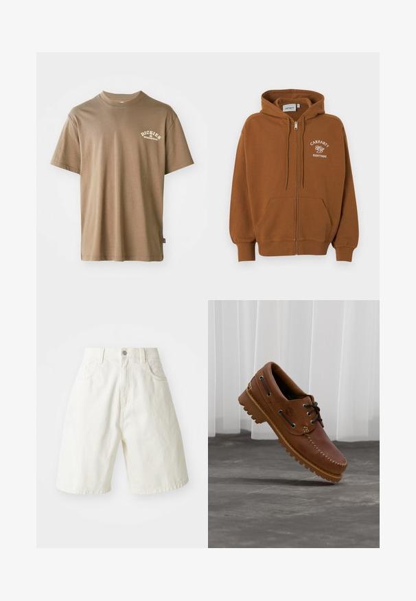Brun hættetrøje med lynlås, forlommer, snøre i hætten og hvid tekst "Carhartt Wip Eightynine" på venstre bryst.; Brun bomulds T-shirt med rund hals, korte ærmer og et hvidt logo med teksten "Dickies Workwear" på venstre brystområde.; Hvide denimshorts med en afslappet pasform, der har en talje, fem lommer og lige ben. Stoffet har en let tekstur.; Brun læder bådsko med sorte snørebånd, beige syninger og en robust sål, hængende over en grå betongulv.