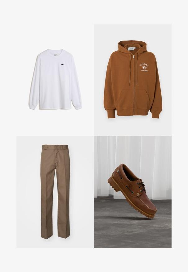 Brun hættetrøje med lynlås, forlommer, snøre i hætten og hvid tekst "Carhartt Wip Eightynine" på venstre bryst.; Hvid langærmet t-shirt i bomuld med et lille sort skateboardgrafik på venstre bryst og ribbede manchetter.; Brune bukser med flad front design, lige ben og klassisk talje. Fremstillet af holdbart stof, uden synlige mønstre eller udsmykninger.; Brun læder bådsko med sorte snørebånd, beige syninger og en robust sål, hængende over en grå betongulv.