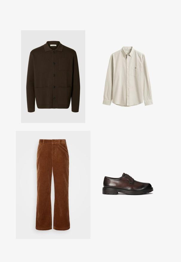 Mørkebrun cardigan med knapper, krave, lange ærmer og tre forlommer, vist mod en lys ensfarvet baggrund.; Beige og hvid lodretstribet langærmet skjorte med krave og brystlomme, vist fladt uden person.; Brune fløjl bukser med et bredbenet design, der har vertikalt ribbet tekstur, en knaplukning og standard bælteløkker.; Brune lædersko til mænd med en glat finish, rund tå og snørebånd. Har en robust sort gummisål med godt greb.