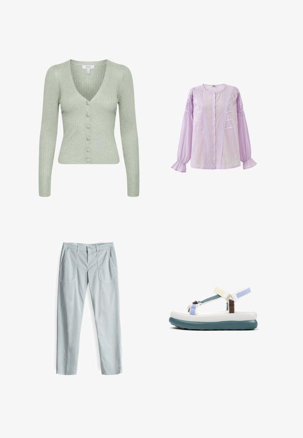 Geribbeld groen cardigan met een V-hals, lange mouwen en zes knopen aan de voorkant, gemaakt van zachte stof met een gestructureerde afwerking.; Lichtpaarse blouse met lange mouwen, knoopsluiting aan de voorkant, kantdetails langs de voorkant en schouders, geplooide pofmouwen en gerimpelde manchetten.; Lichtgrijze broek van gladde stof, met een rechte pijpdesign, twee voorzakken en een sluiting met een knoop aan de voorkant.; Sportieve sandaal met een witte, gewatteerde zool, een teal buitenzool en verstelbare stoffen banden in crème, lichtblauw, teal en bruin.