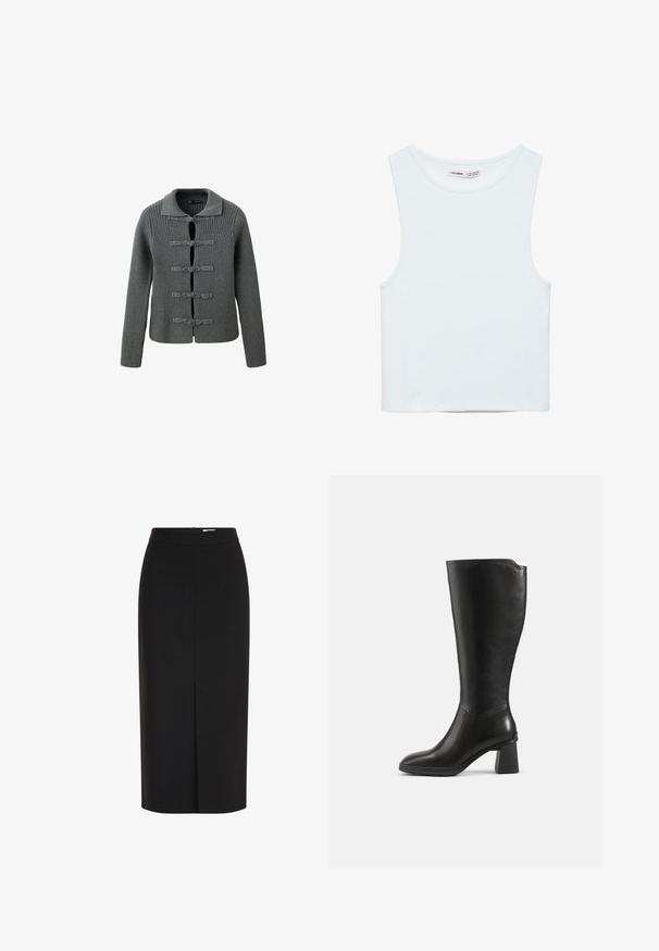 Grauer gerippter Strickcardigan mit langen Ärmeln und fünf dekorativen Knotenverschlüssen vorne, mit umgeschlagenem Kragen.; Weißes ärmelloses Crop-Top mit rundem Ausschnitt, aus glattem Stoff, mit dem Label Pull&Bear, geeignet für den Alltag.; Schwarzer Midirock mit hoher Taille, Bleistiftschnitt, vorderem Schlitz und verdecktem Reißverschluss vor weißem Hintergrund.; Schwarzer kniehoher Lederstiefel mit Blockabsatz und abgerundetem Zeh, seitlich auf einem schlichten Hintergrund gezeigt.