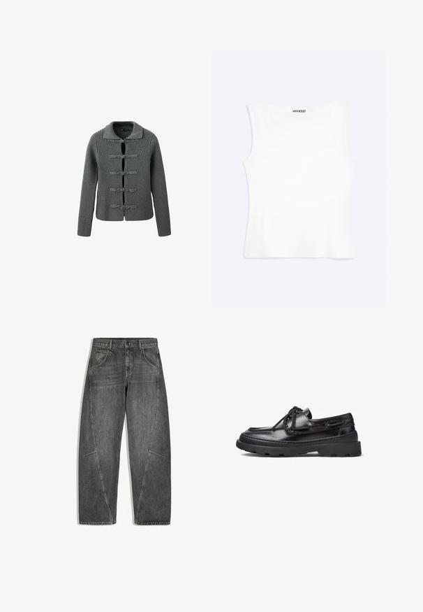 Cardigan gris en maille côtelée avec manches longues et cinq fermetures décoratives en nœud sur le devant, avec un col plié.; Débardeur blanc ajusté sans manches avec un col rond et un design minimaliste, étiqueté "WEEKDAY" à l'intérieur du col.; Jean en denim noir délavé avec taille haute, bouton frontal, fermeture éclair, poches latérales et détails de coutures sur fond clair.; Bateaux en cuir noir avec un bout arrondi, un laçage, des accents en surpiqûre et une semelle en caoutchouc épaisse dotée d'un motif de traction texturé.