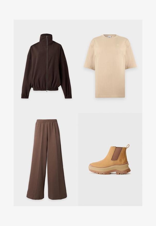 Mørkebrun jakke med lange ærmer, høj krave, lynlås foran, elastiske manchetter og kant, vist på en lys baggrund.; Beige oversized t-shirt med korte ærmer, rund hals og lille hvid Adidas trefoil-logo på øverste venstre bryst.; Løstsiddende brune vidde sweatpants med elastik i taljen og sidelommer på en ensfarvet lys baggrund.; Brune læder ankelstøvle med elastiske sidepaneler, afrundet tå og tyk gummisål med dyb profil; har en trækstrop bag på hælen.