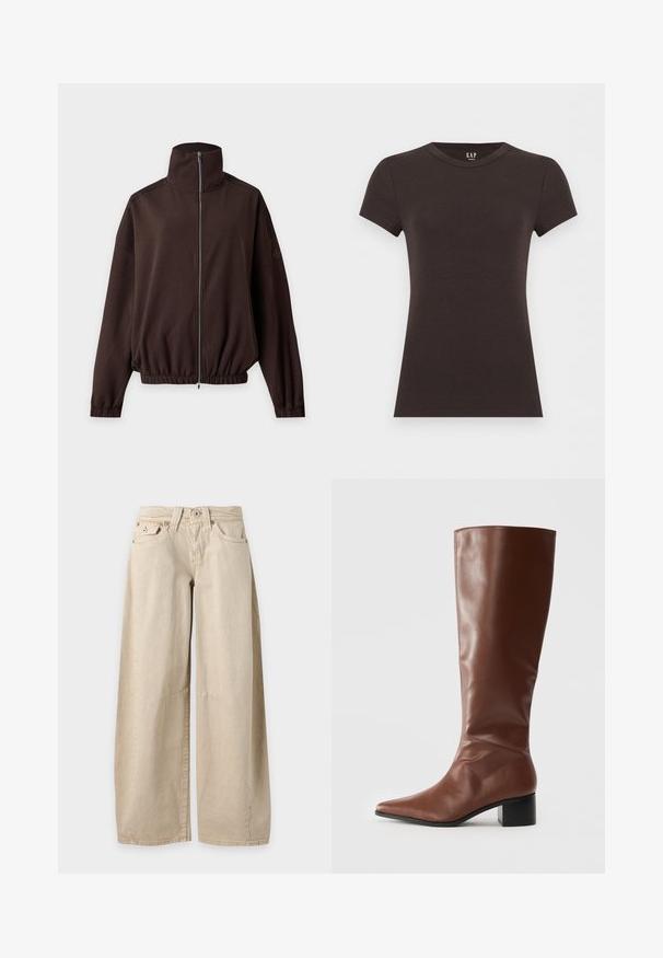 Veste marron foncé à manches longues avec col montant, fermeture éclair à l'avant, poignets et ourlet élastiques, présentée sur un fond clair.; T-shirt noir à manches courtes, ajusté, à col rond, avec logo GAP à l'intérieur du col, sur un fond clair.; Jean beige à jambes larges avec cinq poches et coutures visibles aux genoux, présenté à plat sur un fond uni gris clair.; Botte haute en cuir marron jusqu'au genou avec un bout pointu, une texture lisse et un talon carré épais. Design décontracté sans ferrure visible.