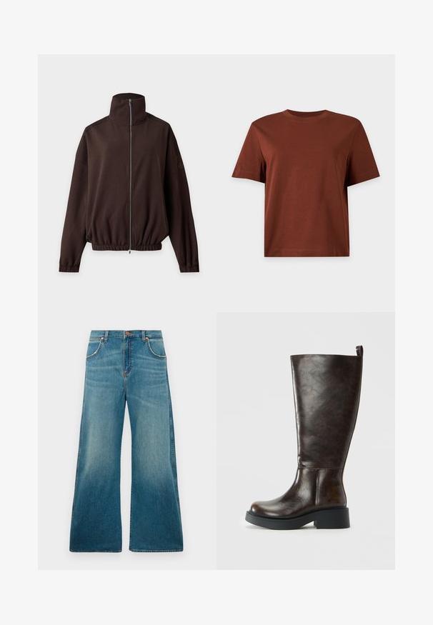 Mørkebrun jakke med lange ærmer, høj krave, lynlås foran, elastiske manchetter og kant, vist på en lys baggrund.; Ensfarvet brun kortærmet bomulds T-shirt med rund halsudskæring, vist mod en lys grå baggrund.; Højtaljede blå denimjeans med brede ben, frontlommer, knaplukning og en falmet farvegradient fra talje til kant.; Mørkebrun læder knæhøj støvle med rund tå, chunky sort sål, lav blokhæl og trækflig bagpå.