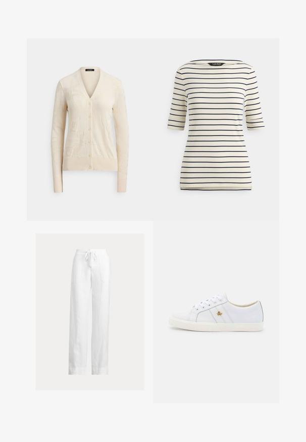 Cremefarbener Cardigan mit V-Ausschnitt, durchgehender Knopfleiste und dezentem, strukturiertem Muster. Hergestellt aus weichem Material, mit langen Ärmeln und gerippten Bündchen.; Dreiviertelärmliges Shirt mit creme- und marineblauen Streifen, Bootsausschnitt und kleinen seitlichen Schlitzen am Saum.; Weiße Leinenhose mit Kordelzugbund, weitem Bein, zwei Vorder Taschen und glatter Textur. Flacher Saum am Knöchel.; Lauren Ralph Lauren JANSON II ACTION LEATHER SNEAKER - Sneaker low - real white