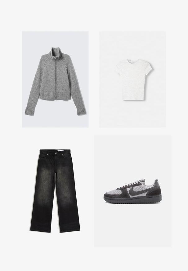 Grå lynlås cardigan med høj krave, ribbede manchetter og kant. Fremstillet af blødt, struktureret stof, med raglanærmer og en cropped design.; Lys grå kortærmet T-shirt lavet af blød, tekstureret stof. Klassisk rund halsudskæring med normal pasform og minimalistisk design.; Sorte vide jeans med fem lommer, bæltestropper samt knap- og lynlås-lukning, der viser let falmet detaljer på lårene.; Lave sneakers med gråt mesh-stof, sorte teksturerede overlays, sort sål, hvide snørebånd og en sort Nike swoosh på siden.
