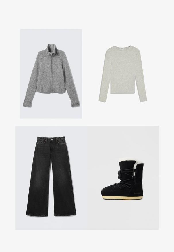 Pull gris zippé avec un col haut, des poignets côtelés et une base côtelée. Fabriqué à partir d'un tissu doux et texturé, il possède des manches raglan et un design court.; Chemise gris clair à manches longues avec col rond, coupe ajustée et sans motifs ou logos visibles, posée à plat sur un fond blanc.; Jean noir à jambes larges avec cinq poches et fermeture par bouton, présenté à plat sur un fond clair.; Botte en suede noire avec une doublure en fourrure blanche, présentant un laçage à l'avant, un support de cheville rembourré et une semelle en caoutchouc pour l'adhérence.