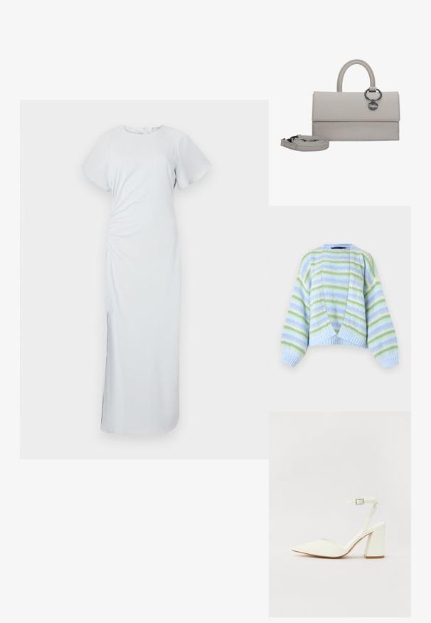 Cárdigan de punto suave con rayas horizontales en azul claro, verde y crema, mangas abullonadas, delantero abierto y puños y dobladillo acanalados.; Vestido de azul claro, hasta la rodilla, con escote redondo, mangas cortas y acampanadas, fruncido en los laterales y una sutil abertura en el dobladillo, hecho de una tela suave.; Sandalia blanca de tacón con puntera afilada, correa ajustable en el tobillo y un tacón cuadrado grueso. Textura lisa con detalles de costura mínimos.; Bolso de mano de imitación cuero gris con un asa superior, correa desmontable y un acento en forma de anillo metálico circular. Presenta un cierre con solapa y costuras visibles.