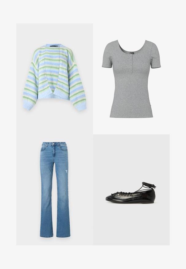 Cardigan en maille douce avec des rayures horizontales bleu clair, vertes et crème, manches ballon, devant ouvert, poignets et ourlet côtelés.; Haut gris côtelé à manches courtes avec un col rond en U et quatre petits boutons en ligne au centre devant.; Jean flare bleu clair en denim, avec une taille haute, cinq poches et de subtils détails déchirés sur les jambes.; Ballerines en cuir verni noir avec un bout rond, un design à lacets et une semelle plate. Texture lisse avec peu de détails.