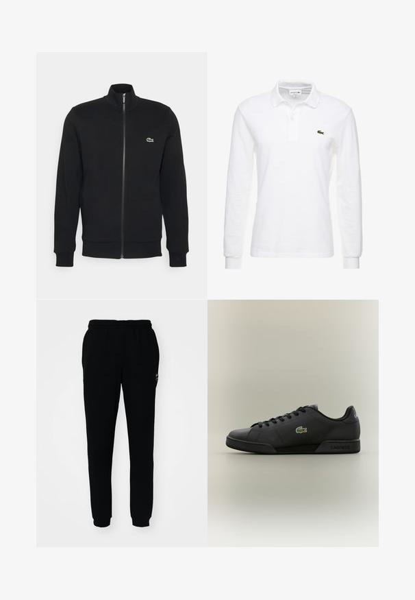 Schwarze Zip-Jacke aus weichem Material. Sie verfügt über einen hohen Kragen, lange Ärmel und ein kleines grünes Logo auf der linken Seite der Brust.; Weißes Langarm-Polohemd aus Baumwolle mit klassischem Kragen und kleinem grünem Lacoste-Logo auf der Brust. Glatte Textur.; Schwarze Jogginghose mit elastischem Bund und Bündchen. Aus weichem Stoff gefertigt, mit einem kleinen Logo auf der oberen linken Seite.; Schwarze Sportsneaker mit einem glatten Lederobermaterial, dezenten Perforationen, grünem Krokodil-Logo und "LACOSTE"-Branding an der Ferse.