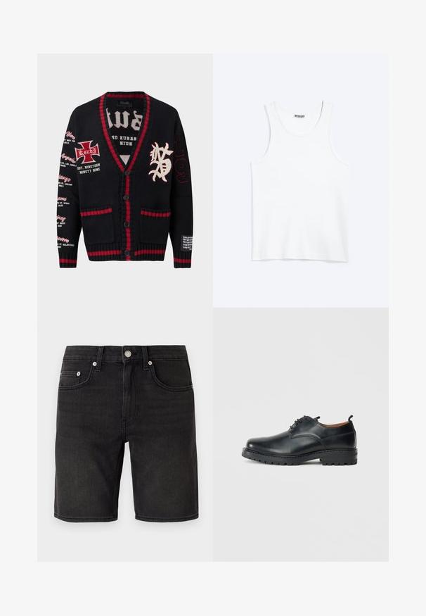 Cardigan en maille noire avec bordure rouge, fermeture à boutons, noms de villes imprimés sur la manche gauche, croix brodée et inscriptions sur la poitrine, et "199" sur la manche droite.; Débardeur blanc sans manches avec col rond et étiquette de la marque Weekday à l'intérieur du col arrière, présenté à plat sur un fond clair.; Shorts en denim noir avec un design classique à cinq poches, bouton en métal et détails de couture subtils. Texture lisse, coupe à la longueur du genou.; Chaussures derby en cuir noir avec une texture lisse, bout rond, design à lacets et une semelle en caoutchouc épaisse et robuste.