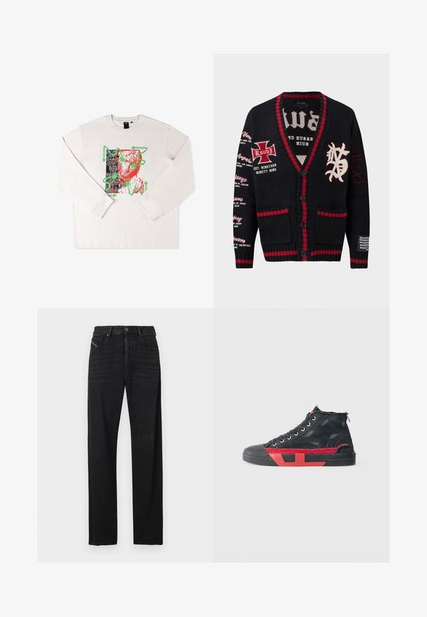 Cardigan en maille noire avec bordure rouge, fermeture à boutons, noms de villes imprimés sur la manche gauche, croix brodée et inscriptions sur la poitrine, et "199" sur la manche droite.; T-shirt à manches longues blanc avec un imprimé graphique aux accents rouges et verts, un design abstrait et un fond noir motif.; Jean en denim noir avec une coupe droite, des poches avant, et un détail de languette rouge sur la poche gauche. Le tissu présente une légère texture.; Baskets montantes noires avec des accents rouges et une finition usée. Caractérisées par une tige en toile texturée et une semelle en caoutchouc avec un design découpé.