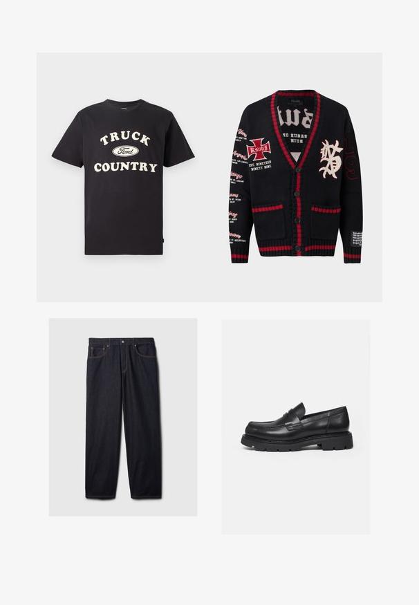 Sort strikket cardigan med røde kanter, knaplukning, trykte bynavne på venstre ærme, broderet kors og bogstaver på brystet samt "199" på højre ærme.; Sort bomulds t-shirt med korte ærmer, der har teksten "TRUCK COUNTRY" i cremefarvet og et Ford-logo designet centralt foran.; Mørke denim jeans med lige pasform, der har en knap- og lynlås-lukning, to frontlommer og kontrastfarvet orange syning.; Sort læderloafer med tyk rillede sål og penny-remdetalje, vist i højre sideprofil på hvid baggrund.