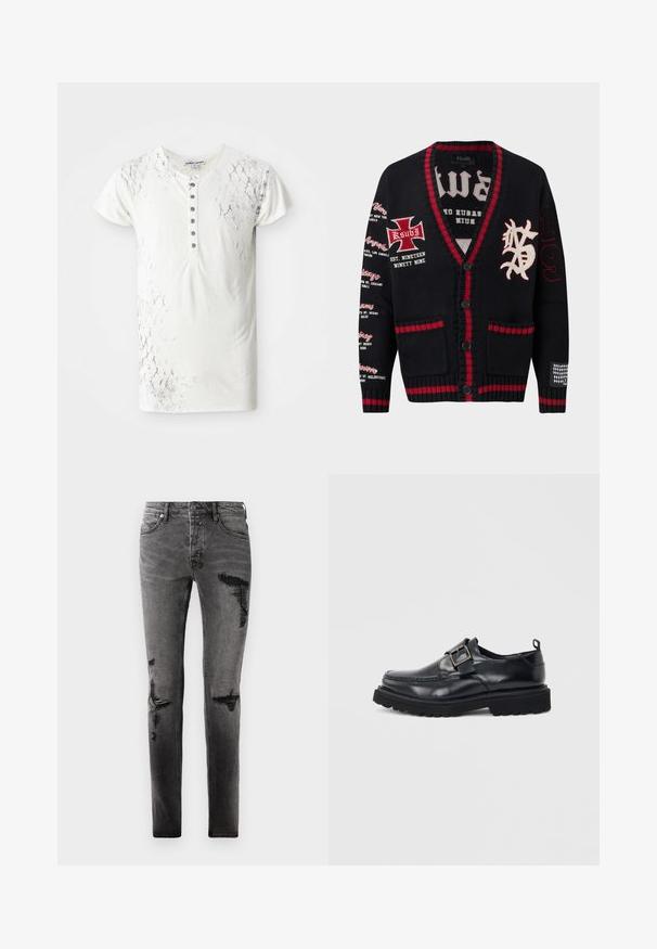 Zwarte gebreide cardigan met rode bies, knoopsluiting, bedrukt met stadsnamen op de linkermouw, geborduurd kruis en letters op de borst, en "199" op de rechtermouw.; Witte T-shirt met korte mouwen met een gestructureerd slangenhuidpatroon en een knoopsluiting met donkergrijze knopen in het midden.; Zwarte denim jeans met gescheurde details, met een slim fit, vijf zakken en een klassieke rits. Versleten look met vervaagde gedeelten.; Zwarte leren loafer met stevige zool en zilveren gespsluiting aan de zijkant tegen een witte achtergrond.