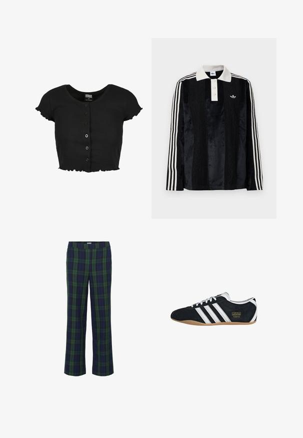 Sort ribbet crop top med rund halsudskæring, korte ærmer, knaplukning foran og volanger langs ærmerne og kanten.; Sort fløjl langærmet polo shirt med en hvid ribbestrikket krave, tre knapper, struktureret front og tre hvide striber på hver ærme.; Grønne og marineblå ternede bukser med lige ben-design og elastisk talje. Stoffet har en blød tekstur og prydes af et klassisk ternet mønster.; Sort ruskinds sneaker med hvide tre striber, guldlogo og en brun gummisål. Har et lavprofil snørebåndsdesign.