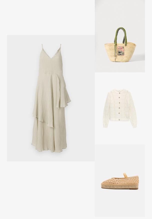 Witte gebreide cardigan met een geruit ajourpatroon, lange mouwen, geribbelde boorden en zoom, en sluiting met knopen aan de voorkant.; Crème-kleurige jurk met een V-halslijn, dunne bandjes en een vloeiende, gelaagde uitstraling met textuurplooien en asymmetrische zomen.; Loeffler Randall KAYLA - Espadrilles - natural; Geweven beige strooien tas met gevlochten groene en zwarte handvatten en een kleurrijke rechthoekige patch aan de voorkant.