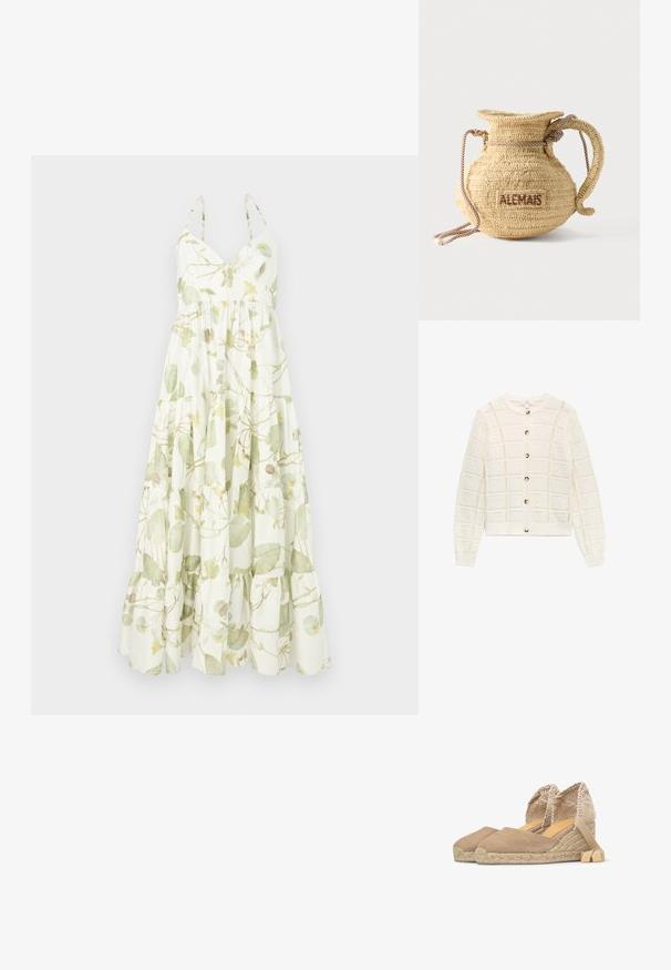 Witte gebreide cardigan met een geruit ajourpatroon, lange mouwen, geribbelde boorden en zoom, en sluiting met knopen aan de voorkant.; Maxi-jurk van lichtgewicht stof met een bloemenpatroon in groene en gele tinten, met een v-hals en een gelaagd gerimpeld zoom.; Beige canvas espadrilles met sleehak, gevlochten touwzolen en enkelriempjes, zijaanzicht op een witte achtergrond.; Ronde gevlochten strohandtas met een handvat van touw en "ALEMAIS" geborduurd aan de zijkant in bruine draad.
