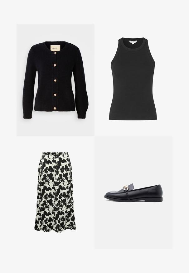 Marineblå strikket cardigan med rund halsudskæring, prydet med gyldne knapper med perleaccenter langs fronten og lange ærmer.; Sort ribbet tanktop med en tætsiddende design, der har en rund halsudskæring og brede stropper. Fremstillet af et strækbart stof for komfort.; Sort-hvid midi-nederdel med ko-printdesign, lavet af letvægtsstof, med en flydende silhuet og en bølget kant.; Sort læderloafer med lav hæl og guldkæde-detalje på toppen, vist fra siden mod en ensfarvet lys baggrund.