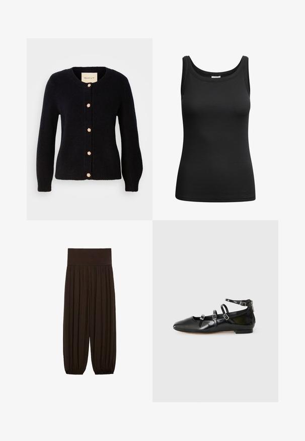 Marineblå strikket cardigan med rund halsudskæring, prydet med gyldne knapper med perleaccenter langs fronten og lange ærmer.; Sort ribbet tanktop med rund udskæring og syede kanter, lavet af elastisk stof for en tætsiddende silhuet.; Brune plisserede bukser med en bred, elastisk talje. Stoffet er let og tekstureret med indsamlede sømme ved benens afslutninger.; ALDO NELTA - Ballerinasko - black