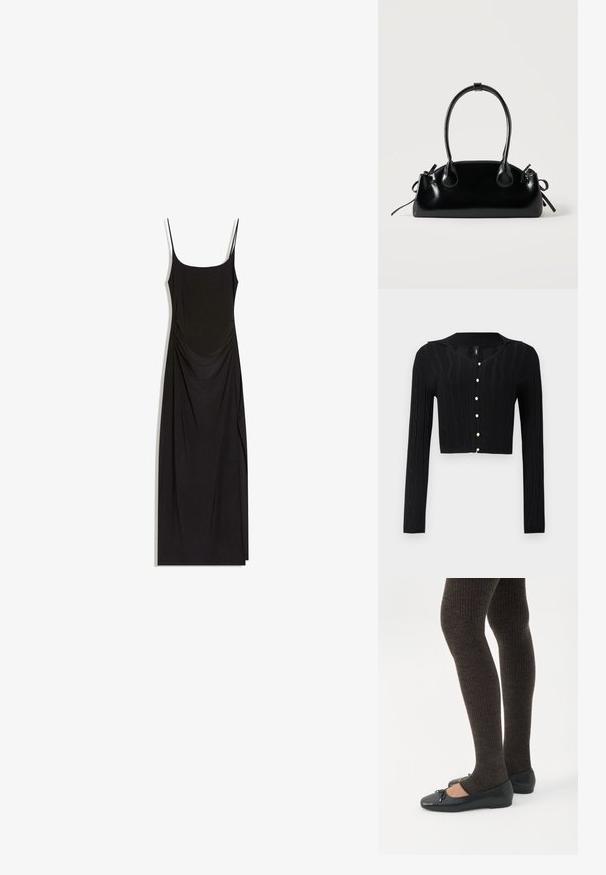 Cardigan court noir en tissu tricoté, présentant un motif en câble et un col en V, avec six boutons en perles sur le devant.; Robe maxi noire sans manches avec fines bretelles, côtés froncés et encolure carrée sur fond blanc.; Jambes portant des leggings côtelés foncés associés à des ballerines noires avec de petits détails en nœud sur fond blanc.; Petit sac à main noir brillant avec deux longues anses et des détails à cordon sur les côtés sur un fond clair uni.