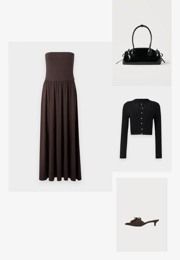 Cárdigan negro corto hecho de tejido de punto, con un patrón de trenzas y un escote en V, con seis botones de perla en la parte delantera.; Vestido maxi marrón sin tirantes, hecho de una tela suave, con un corsé ajustado y una falda fluida y recogida que permite una fácil movilidad.; Even&Odd Tacones - dark brown; Pequeño bolso negro brillante con dos asas largas y detalles de cordón lateral sobre un fondo claro liso.