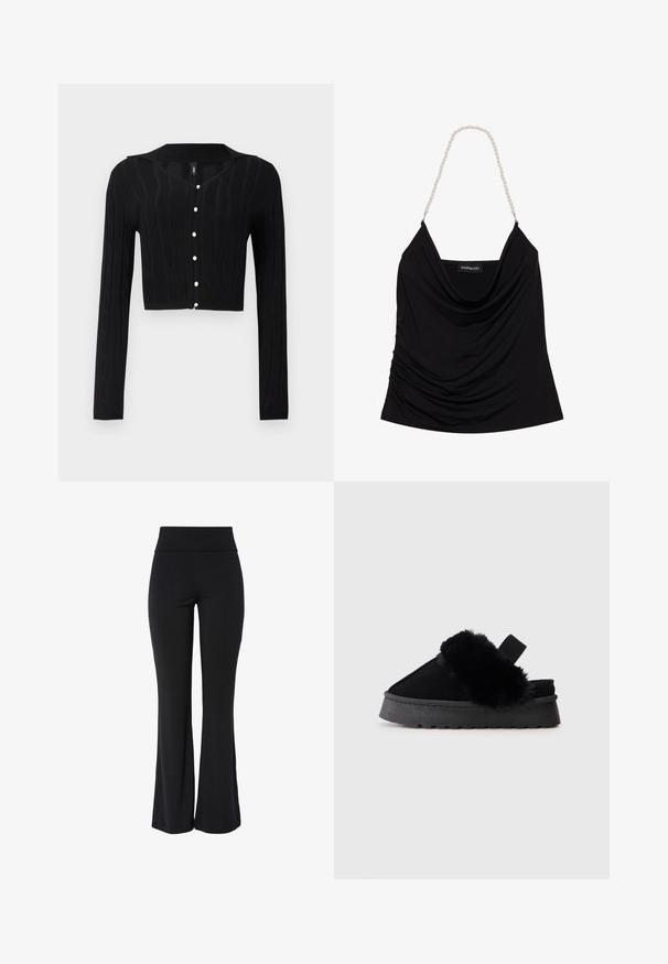Cardigan court noir en tissu tricoté, présentant un motif en câble et un col en V, avec six boutons en perles sur le devant.; Débardeur noir drapé avec un col en cowl et un tissu texturé. Doté de bretelles en chaîne de perles et d'une étiquette logo à l'intérieur.; Pantalon noir taille haute extensible avec jambe légèrement évasée et design lisse sans coutures, sur fond blanc.; Mocassins noirs à enfiler avec une tige en fausse fourrure douce, semelle rembourrée et sangle élastique à l'arrière pour un enfilage facile. Semelle extérieure plate et texturée.