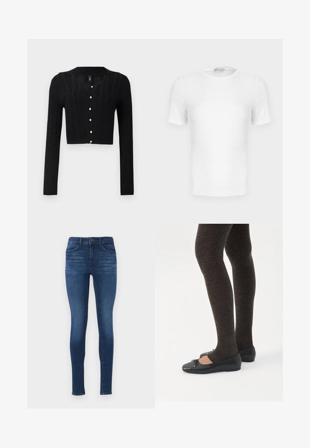Must be a new black cropped kardigan, mis valmistatud kudumiskangast, millel on nööbi muster ja V-kaelus, ees kuue pärlina nööbiga.; Valge lühikeste varrukatega soonikkoes T-särk ümara kaelusega, istuva lõike ja väikese brändisildiga krae sees.; Tumed blue skinny teksad, valmistatud denimist, kõrge vöökohaga, eespool taskud ja siledat, veidi kulunud tekstuuri.; Jalad seljas tumedad soonelises soonelises kombines mustade baleriinadega, millel on väikesed paelade detailid valgel taustal.