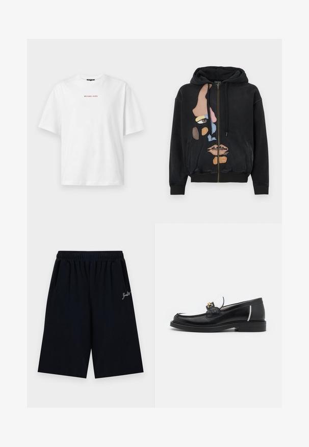 Sudadera negra con capucha y cremallera frontal, con un diseño colorido de rostro abstracto hecho de parches de tela texturizada.; Camiseta blanca de manga corta con cuello redondo y pequeño texto rojo "MICHAEL KORS" centrado en el pecho.; Pantalones cortos negros hasta la rodilla con cintura elástica y pequeño texto blanco en cursiva en el lado derecho.; Mocasín de piel negra con punta redondeada, acentos en blanco y herrajes dorados en la parte superior. Presenta un parche texturizado y un tacón apilado.