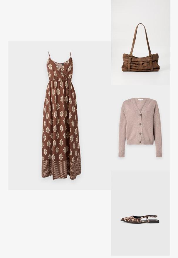 VILA VIRIL V-NECK KNIT CARDIGAN - NOOS - Kardigán - brown; Hnedé maxi šaty s tenkými ramienkami, s béžovými vzormi listov a zigzagovým akcentom na leme. Vyrobené z ľahkej látky.; Sandal s leopardím vzorom s plochou pätou, špicatou špičkou, otvorenými stranami a malým čiernym podpätkom. Materiál vyzerá hladko s jemným leskom.; Even&Odd Kabelka - brown