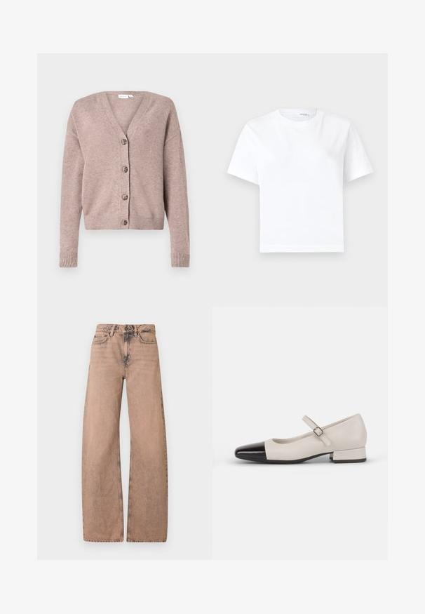 VILA VIRIL V-NECK KNIT CARDIGAN - NOOS - Chaqueta de punto - brown; Camiseta blanca lisa de algodón de manga corta con cuello redondo y dobladillo recto, mostrada sobre un fondo blanco.; Jeans de pernera ancha color marrón claro, hechos de denim, con una cinturilla clásica, diseño de cinco bolsillos y textura deslavada.; Zapato estilo Mary Jane en cuero crema con puntera de charol negro. Presenta una punta redonda, tirante en el tobillo con una hebilla cuadrada y un tacón bajo y cuadrado.